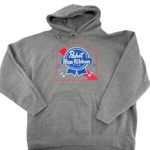 Pabst Blue Ribbon Beer Gray‎ Hoodie Sweatshirt Mens Logo Graphic Pullover XL